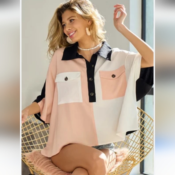 BiBi Tops - NWOT BiBi Color Block Quarter Neck Short Dolan Sleeve Top Sz L